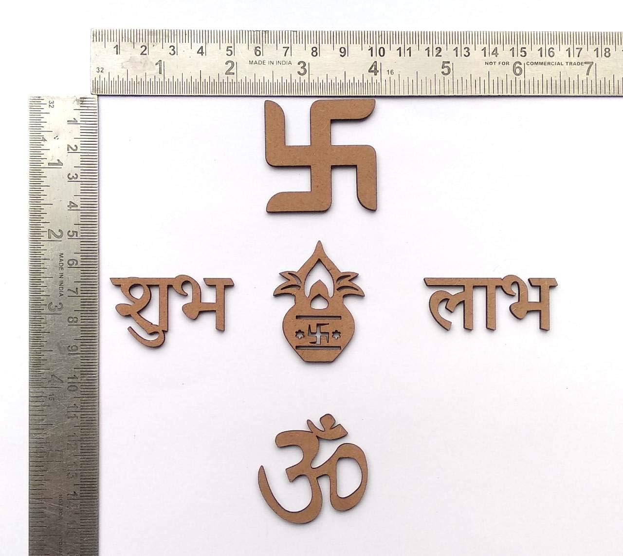 Wooden MDF Cutouts Pack of 20– Sathiya, Shubh, Labh, Kalash, Om Symbols – Small Size 2 Inch for Diwali Decor