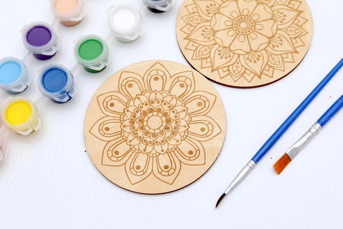 Curious Button Unfinished Wooden Mandala Coaster for DIY, 10cm Pack of 4 Round Wooden Pine MDF Cutouts Unfinished Engraved Coaster Cutouts, Painting Wood Craft, MDF Plains, DIY Art Work (Pattern-A) - Haoser