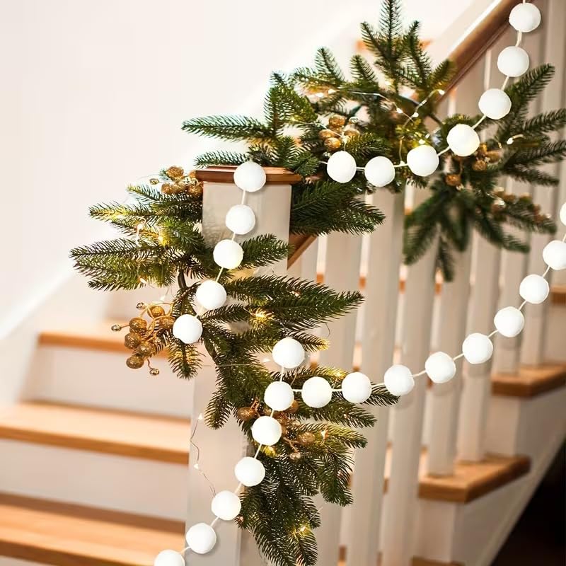 White Pom Pom Garland Adjustable Hanging Wreath – 6.6 ft / 2m