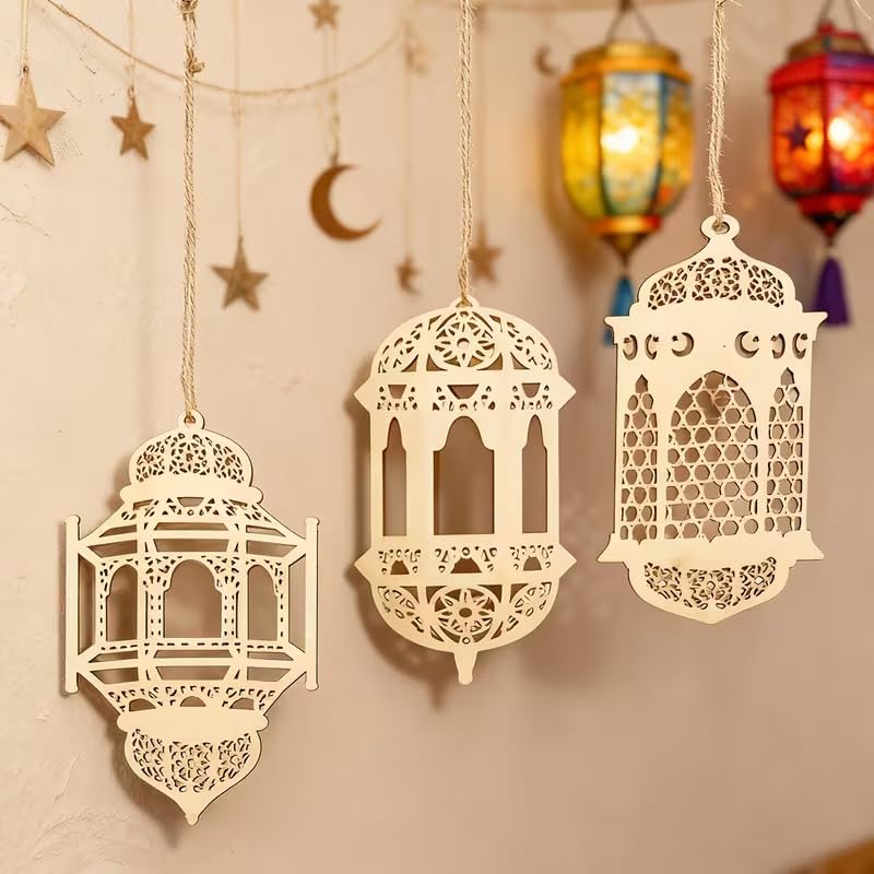 Ramadan Eid Al-Fitr Wooden Lantern Decor | Islamic Geometric Cut-Out Lanterns | Ramadan Mubarak & Eid Mubarak
