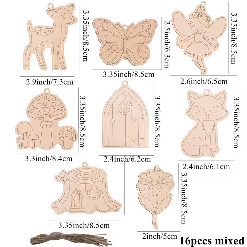 16 Pcs Wooden Fairy Ornaments for Crafts – Cartoon Fairy, Flower & Butterfly Cutouts