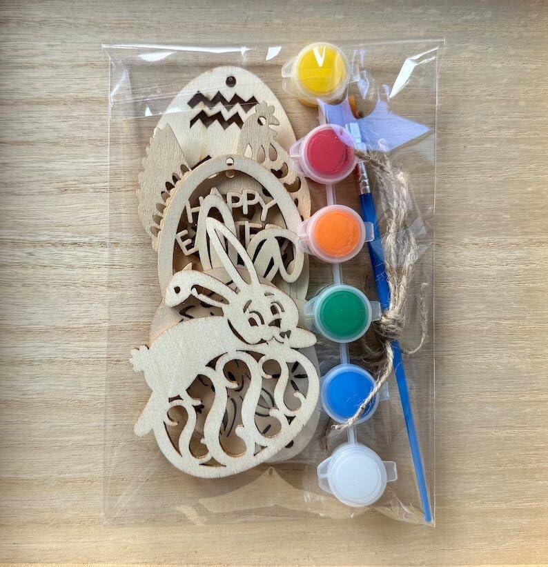 Haoser 12 pc Easter Wood Ornaments Paint kit, Easter Wooden Shapes Ornaments, Easter Kids Gift and Basket Stuffer. Easter Gift Tags. - Haoser