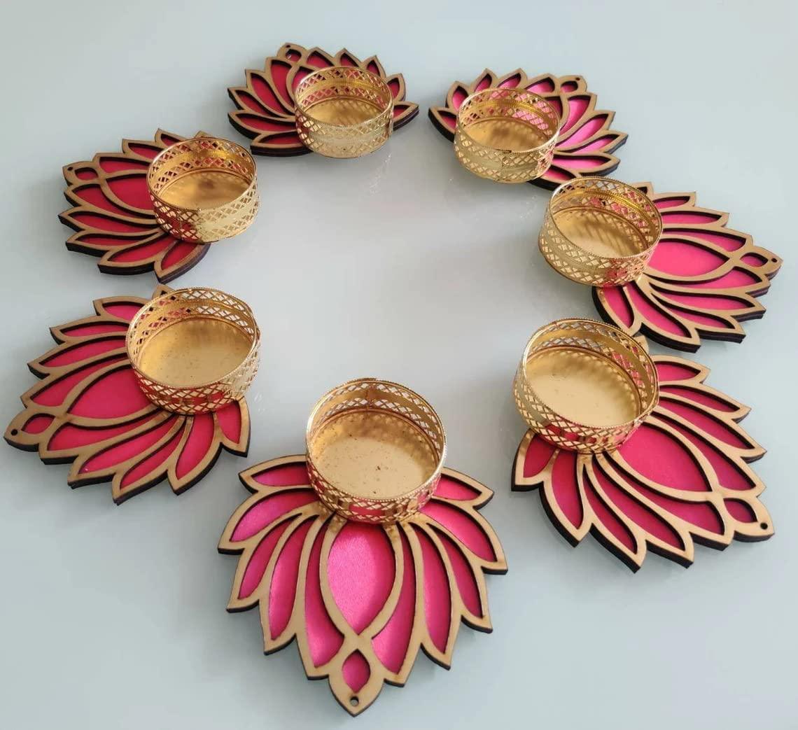 Haoser Pack of 5 Wooden Lotus Cutout for Festivel Decorations | Floor Decoration Reusable Rangoli for Puja Function (Pack of 5 Length: 4 in Width: 3 in) - Haoser