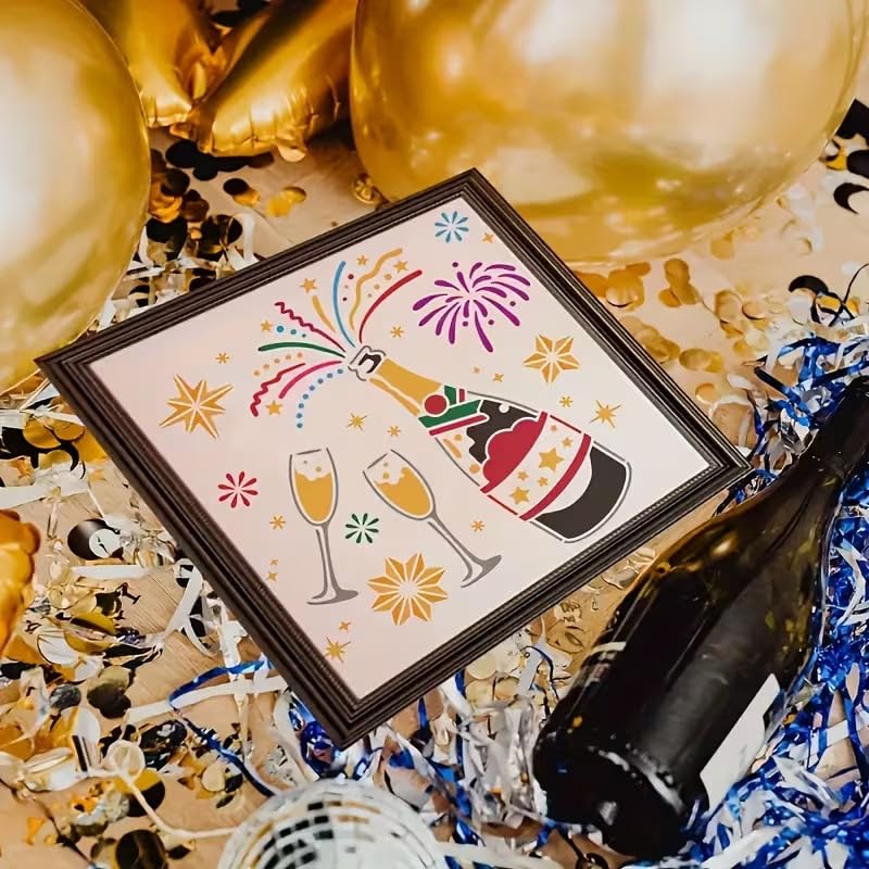 Champagne & Wine Theme Stencil Template – 12-Inch Plastic Stencils Champagne, Glasses, Fireworks & Stars for Wall, Fabric, Furniture Painting, Wedding Party & New Year