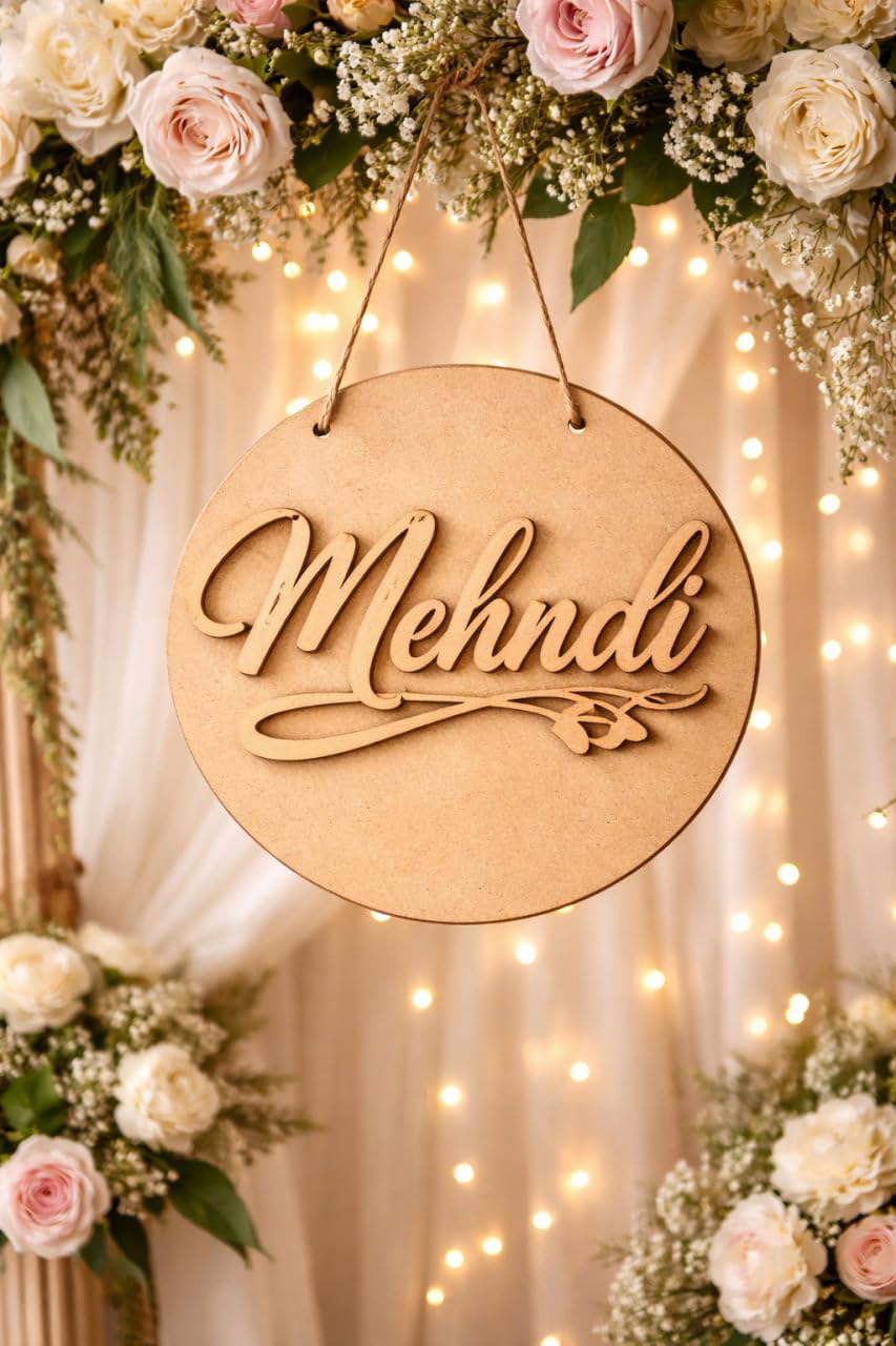 Mehndi Ceremony Wooden Round Board 14 Inch | Wedding Mehndi Decoration Sign Board