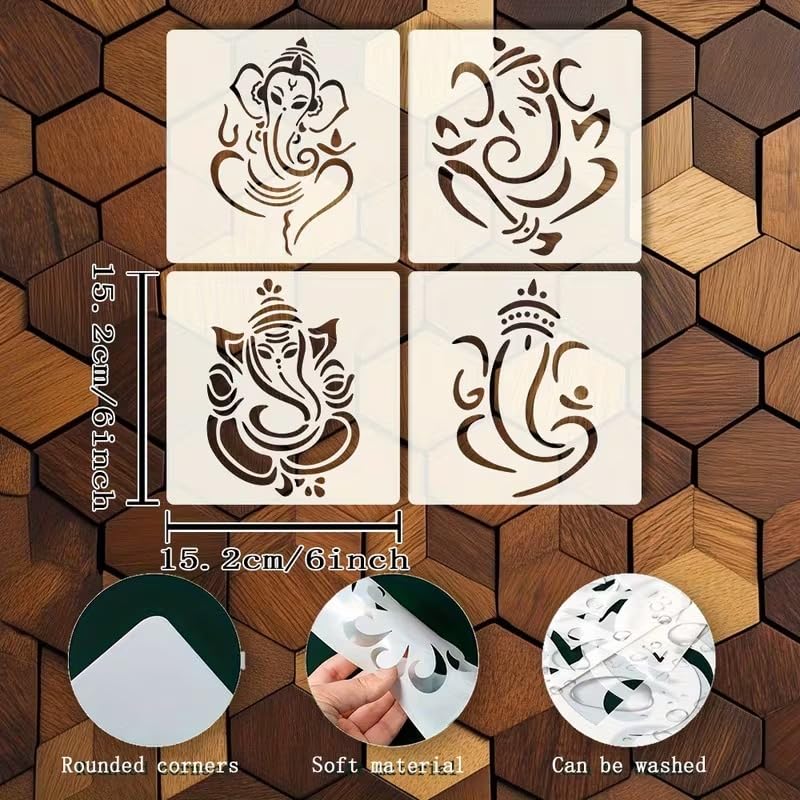 4 Pcs Plastic Ganesha Stencils for DIY Crafts | Traditional Indian Belief Templates | Home Decor, Wall Art, Fabric, Wood