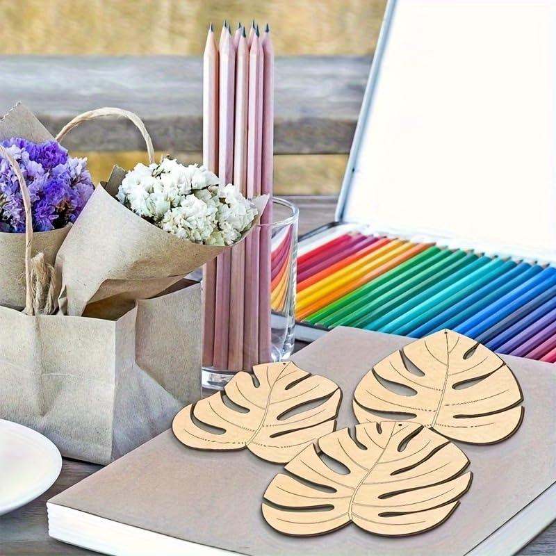6 Pcs Palm Leaf MDF Wooden Hanging Cutouts with Rope | Tropical Leaf Craft Ornaments