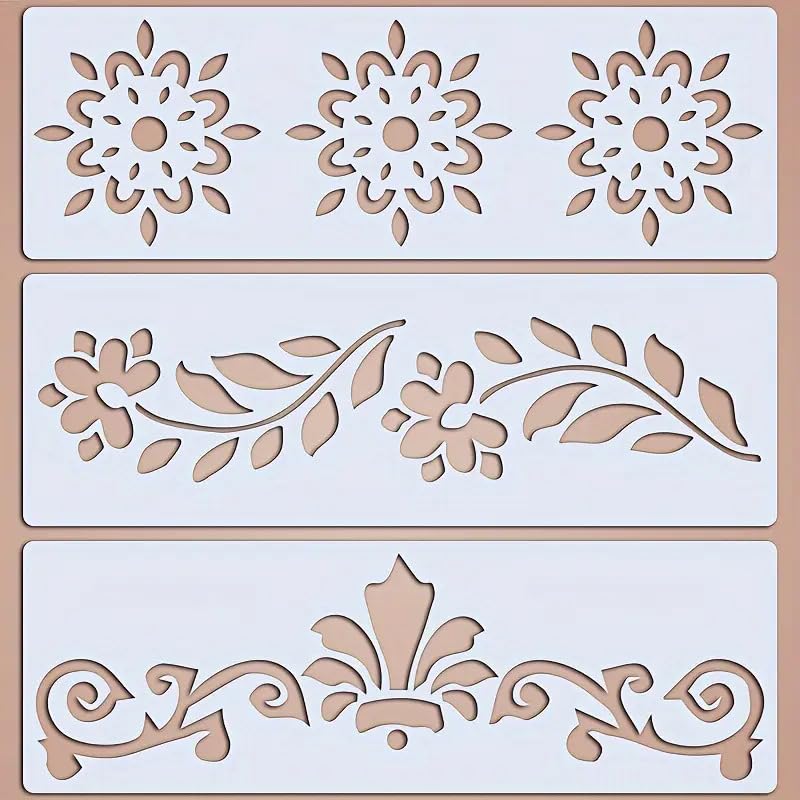 3 Pcs Lace Pattern Stencils 4x12 Inch – Reusable Plastic Wall Painting Templates – DIY Scrapbooking, Furniture, Fabric, Wood, Cardmaking & Home Décor Craft Stencil Set for Artists & Crafters