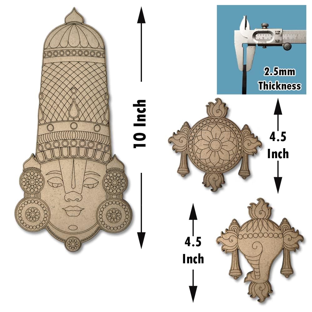 Set of 3 Unfinished Premarked Lord Balaji MDF Craft Cutout | 10" Balaji Face with 4.5" Shankh & Chakra