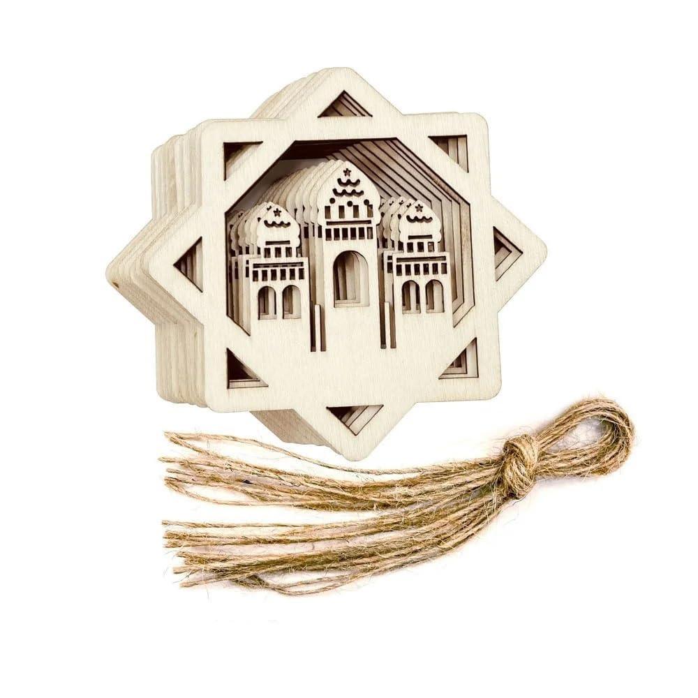 Haoser Set of 10 Eid Special Wooden Pendants, Islamic Festival Decorations, Crescent Moon and Star Design, Handcrafted Eid Mubarak Gifts, Wooden Eid Ornaments, Ramadan and Eid Home Decor - Haoser