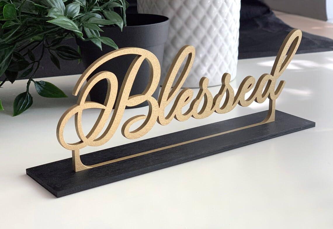 Haoser Blessed Freestanding Table Sign Wood Word Decor Decorative Blessed Table Sign Cutout Word Art Wall Decor (Blessed) Wooden Sign House Decor | Blessed Wood Cutout Plate Letter Sign Decor-1 pc - Haoser