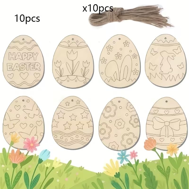 10 Pcs Easter Wooden Egg Ornaments Set | Blank Egg Shaped Wooden Cutouts with Rope for DIY Painting