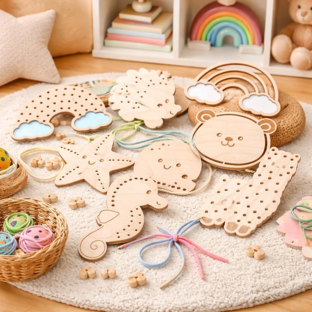 Set of 9 Wooden Lacing Toys for Kids | Animal Stringing Beadsv