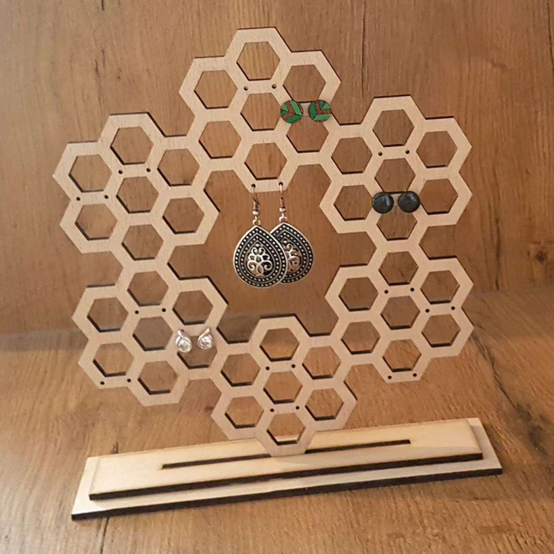 Haoser Wooden Earring Display Stand, Honeycomb Earring Organizer Earring Display Wood Hanging Jewelry Organizer for Stud Earrings (Earring Holder-7) - Haoser