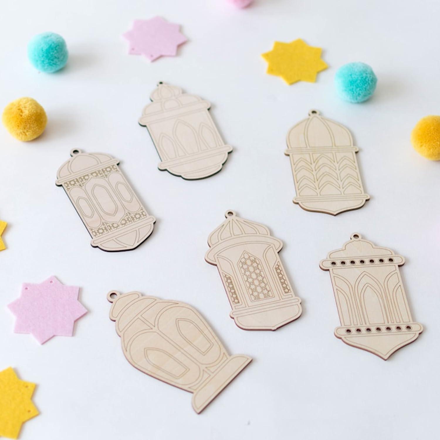 Curious Button Unfinished Wooden DIY Craft Banner Lantern Shape, Paint Your Own Lanterns, Eid Gifts Wooden Decorative Items, Ramadan Wooden DIY Craft Lantern Cutouts - Haoser