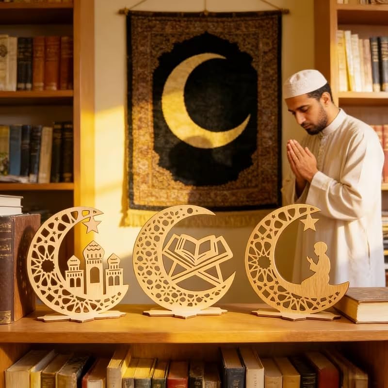 Wooden Tabletop Decor | Ramadan Eid Religious Ornaments with Mosque, Quran & Prayer Motifs | Muslim Home Holiday Decoration