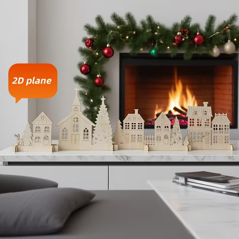 6 Pcs Rustic Wooden Christmas Village Set – 48 x 10.6 Inch, Pine MDF Tabletop