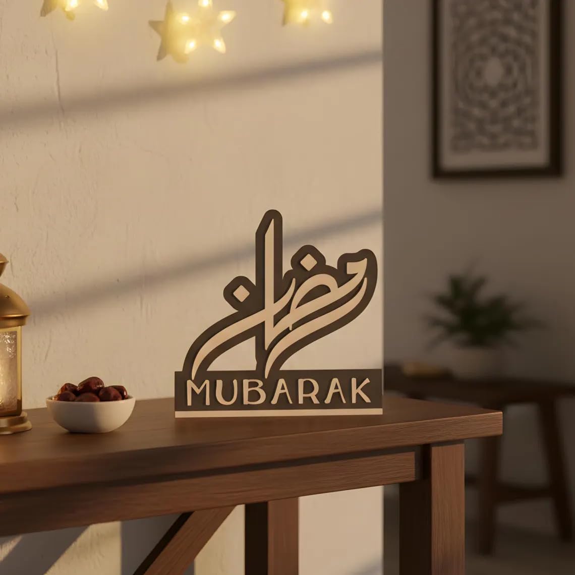 Eid Mubarak Wooden MDF Sign | Islamic Calligraphy Table & Wall Decor | Pine MDF Ramadan Decoration | Muslim Home & Prayer Room Art | 5 Inch
