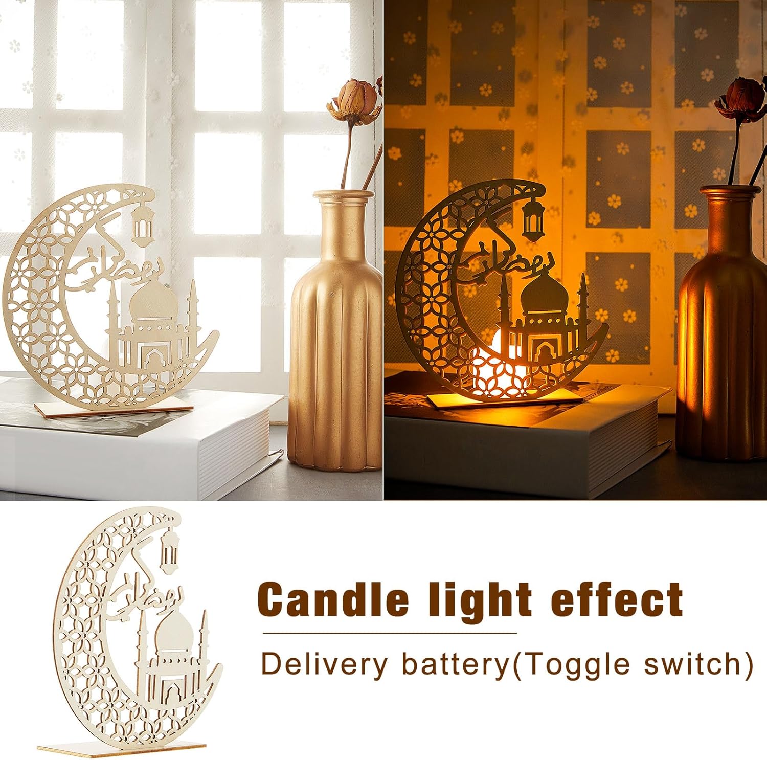 Eid Crafts Night Light Ramadan Mubarak Wooden Moon Lamp | Pine MDF Islamic Table Decor Light for Eid Al-Fitr Ramadan | Muslim Home Decoration Night Lamp | 5.8 x 5.5 Inch