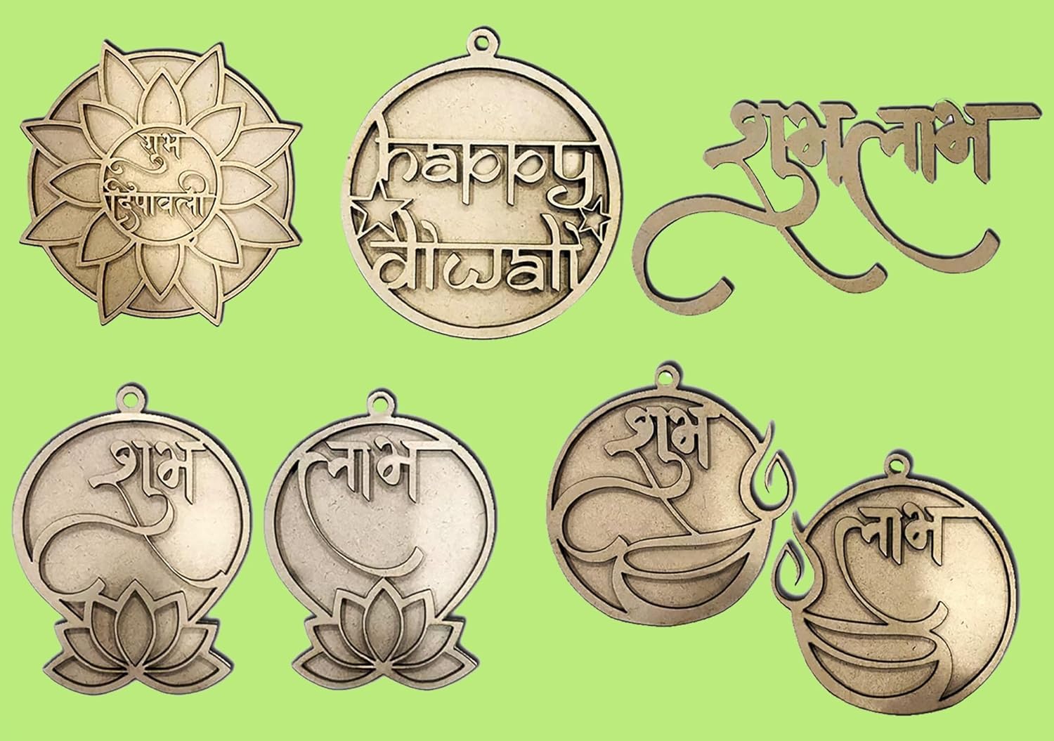 Wooden MDF Diwali Hanging Decorations – Set of 5 | 17.8x17.8 cm Festive Wall Hanging Cutouts | Shubh Labh Happy Diwali Ornaments | DIY Craft for Pooja, Home Decor