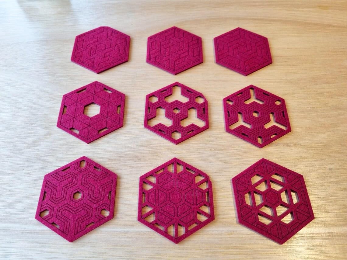 Geometric Felt Coasters – Set of 9 Red Hexagonal Felt Coasters | 4 Inch, Modern Drink Coasters for Table Decor & Furniture Surface Protectio