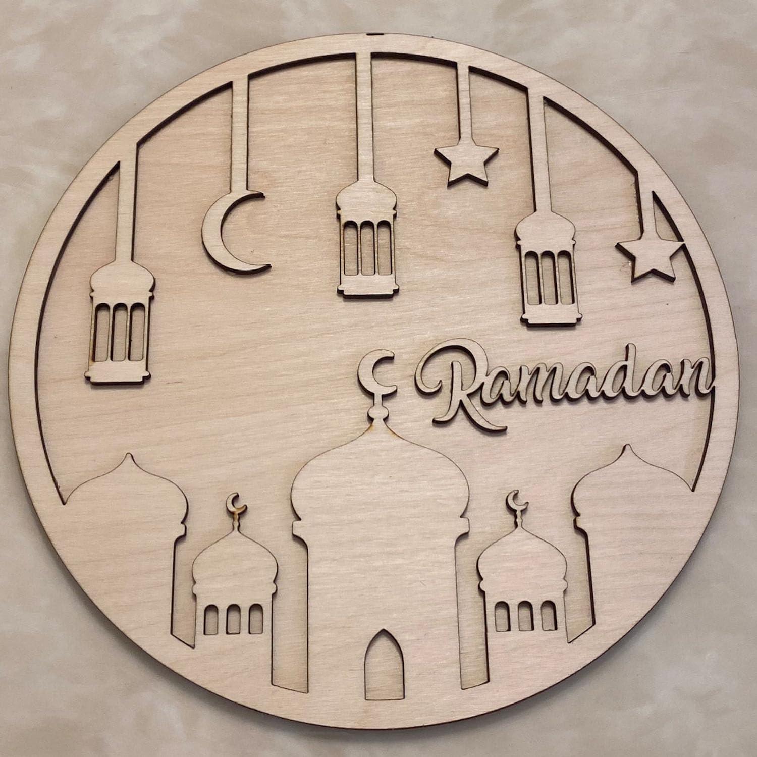 Curious Button DIY Beautiful Unfinished Wooden Ramadan Wall Sign for Home Decor, Ramadan Mubarak Moon Ornament Home Wall Door Decor Eid Mubarak Party Supplies (Set of 2, 8 Inches) - Haoser