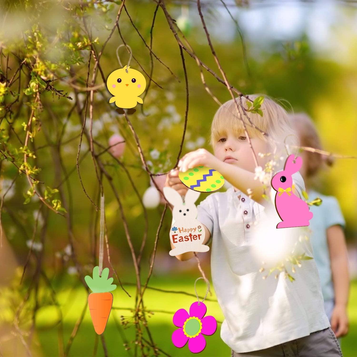 Haoser 24Pcs Easter Wood Cutouts Unfinished Wooden Hanging Ornaments Easter Crafts for Kids Includes Egg Bunny Basket Chick Carrot Flower - Haoser