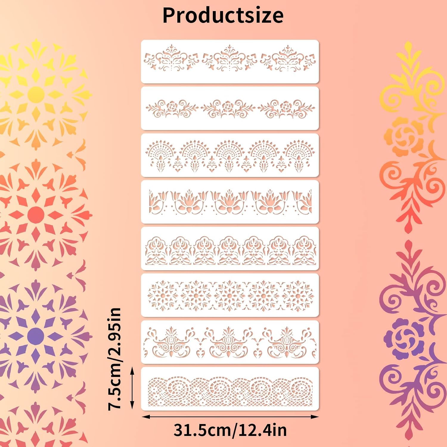 8 Pcs Flower Border Stencils – Ornate Mandala Stencil Set for Painting