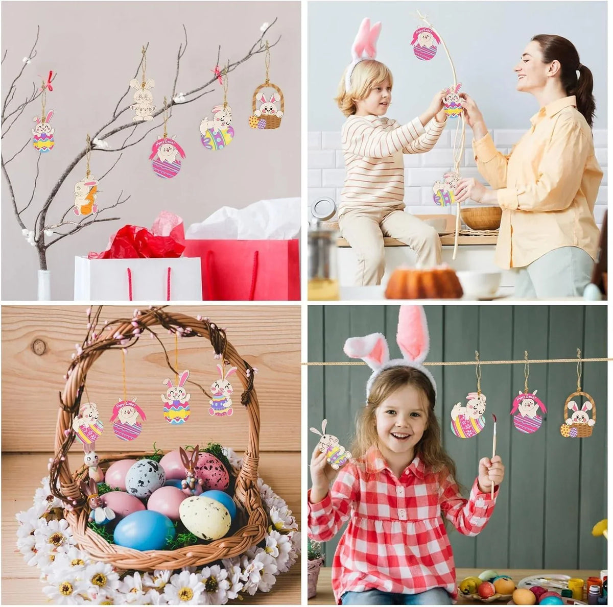 Haoser Easter Unfinished Wooden Cutouts, 12 PCS 12 Styles Bunny Rabbit Hanging Ornaments, Blank Wood Cutouts for Crafts, Wooden Blank Paint Crafts for DIY Easter Spring Home Holiday School Decoration - Haoser
