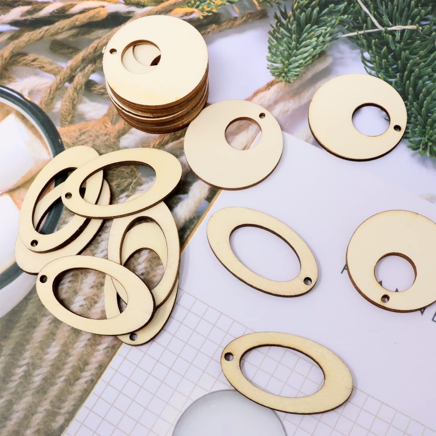 100 PCS Geometric Wooden Earring Pendants – 2 Styles Round & Oval