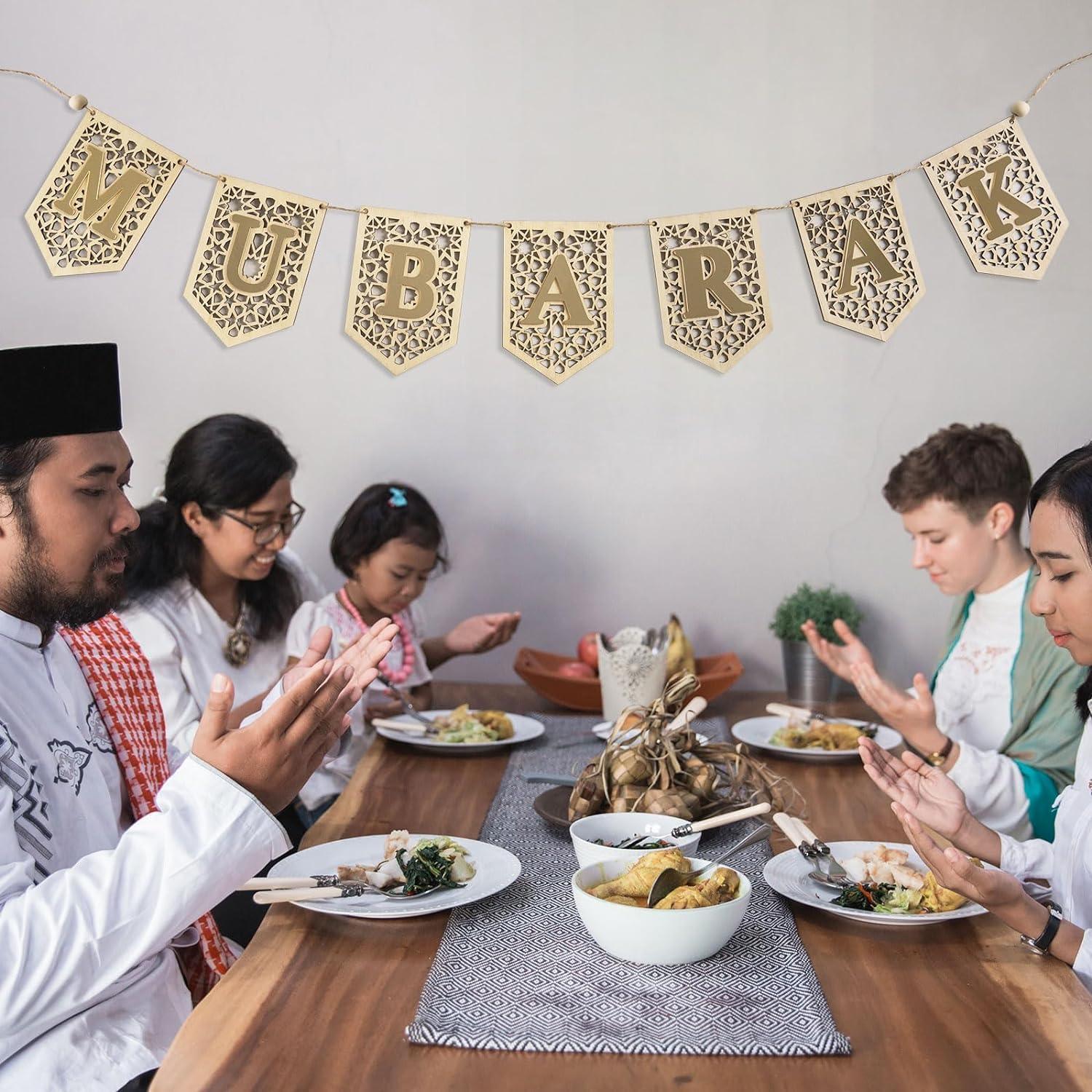 Haoser Ramadan Banner Decorations for Home 2024 Eid Mubarak Wooden Sign Ramadan/Eid Banner, Islamic Decor, Eid Mubark Decorations for Home,Islamic Muslim Mosque Door Fireplace Decor Ramadan Gifts - Haoser