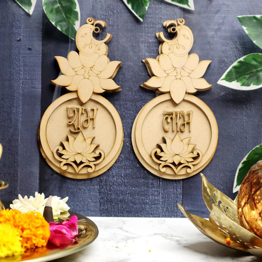 Pair of 6 Wooden Shubh Labh for Diwali Decor – 6 Shubh 6 Labh MDF Cutouts Wall Hanging Pooja Festival Decoration, 4x3.15 Inch