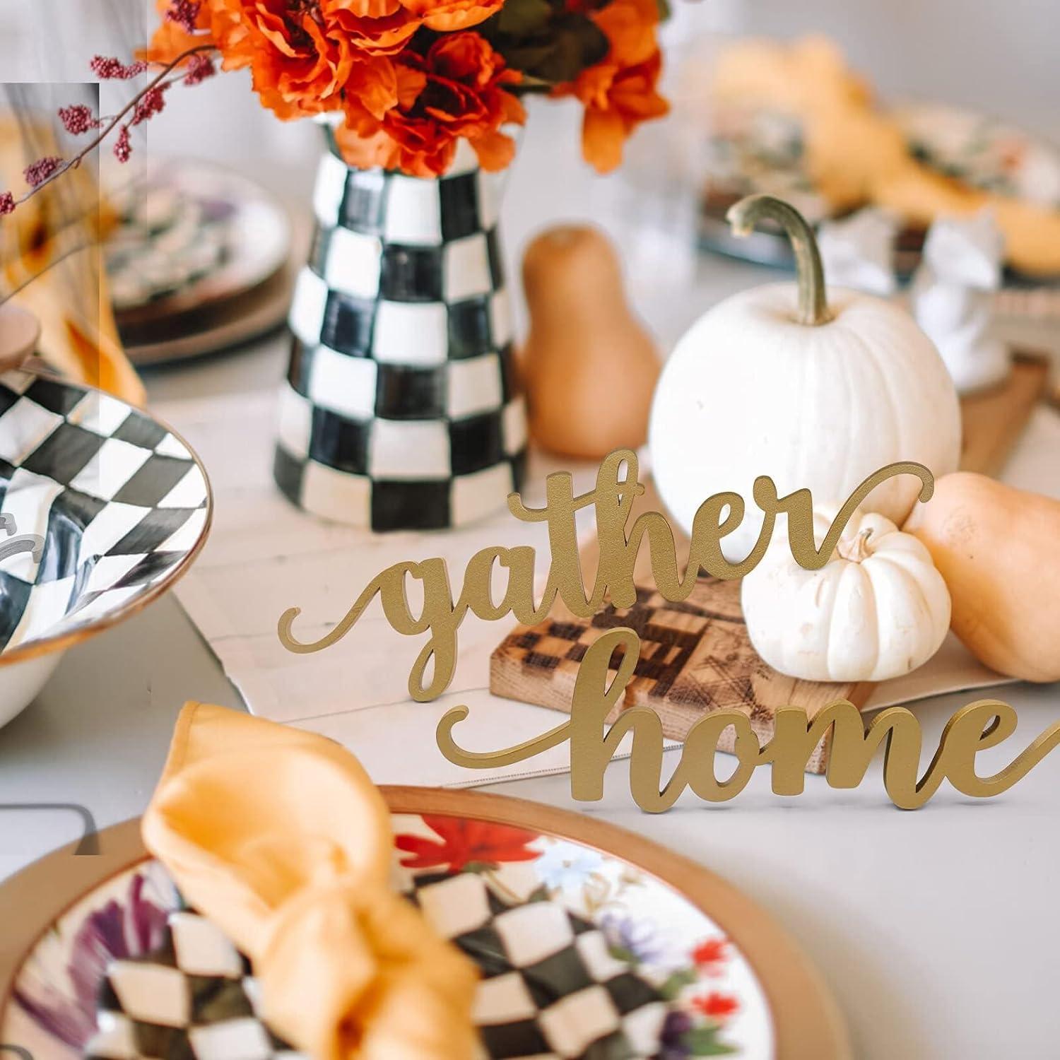 Haoser Thanksgiving Gold Wooden Table Word Place Setting 5 PCS Thankful Grateful Blessed Gather Home Tablescape Words Laser Cut Wood Plate Letter Sign Farmhouse Table Signs Decor Dining - Haoser