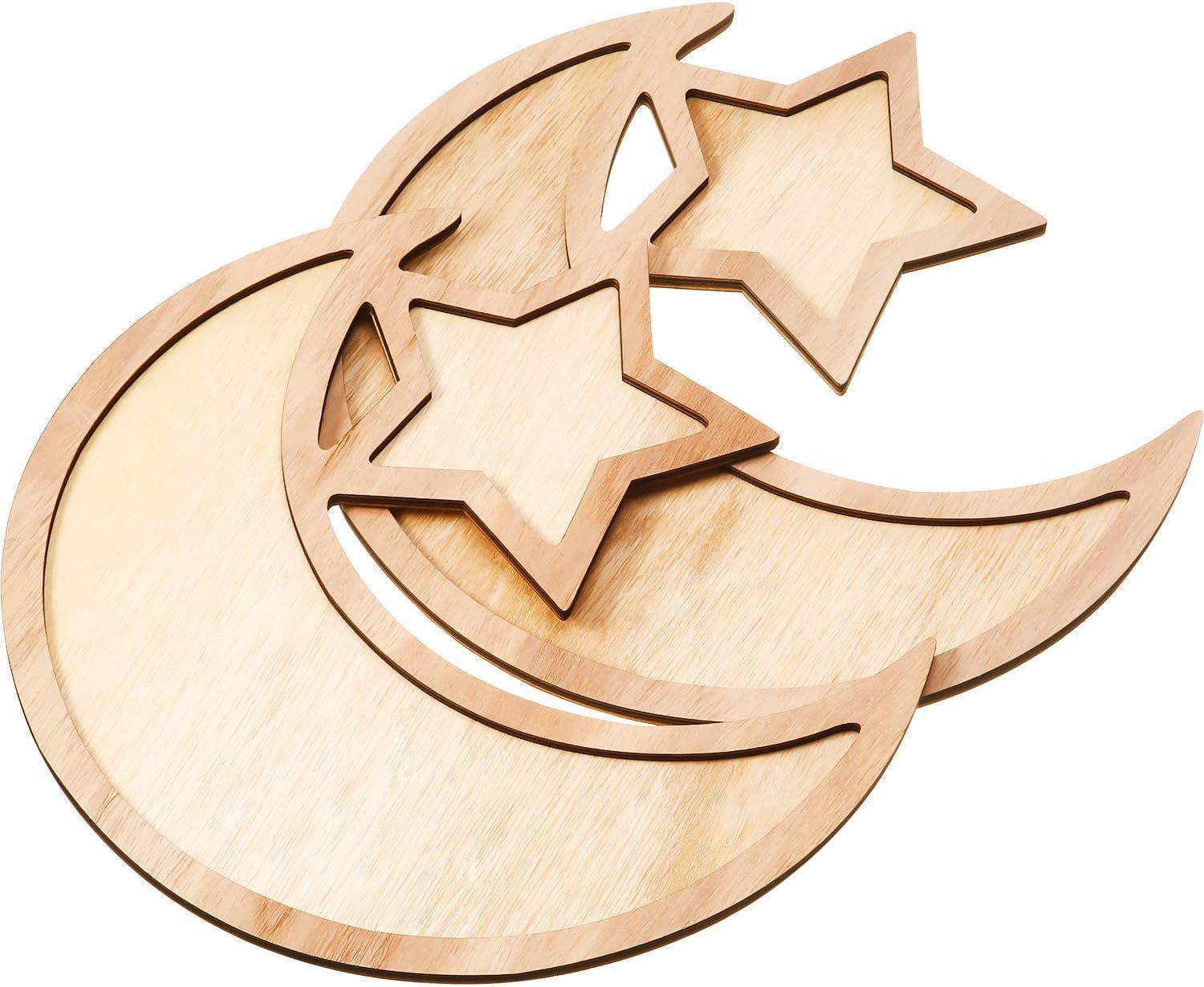 Haoser 2 Sets Ramadan Wood Tray Moon Wooden Star Tableware Eid Mubarak Party Serving Tableware for Breakfast Dinner Dessert Pastry Display Holder Decoration Ornament - Haoser
