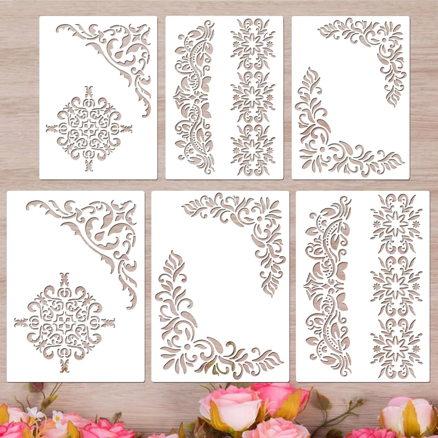 6 Pcs Stencils for Painting – Vintage Floral Border & Corner Reusable Damask Stencils for Painting
