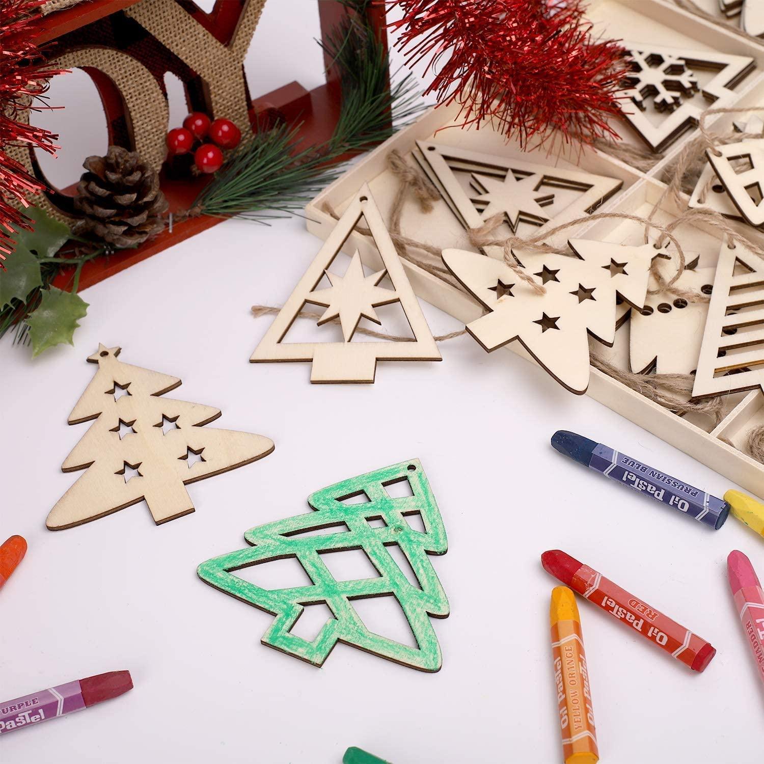 Haoser Pack of 4 Unfinished Wooden Christmas Tree Shape Ornaments with Holes, Christmas Wood Cutouts Hanging Decorations for Xmas DIY Crafts - Haoser