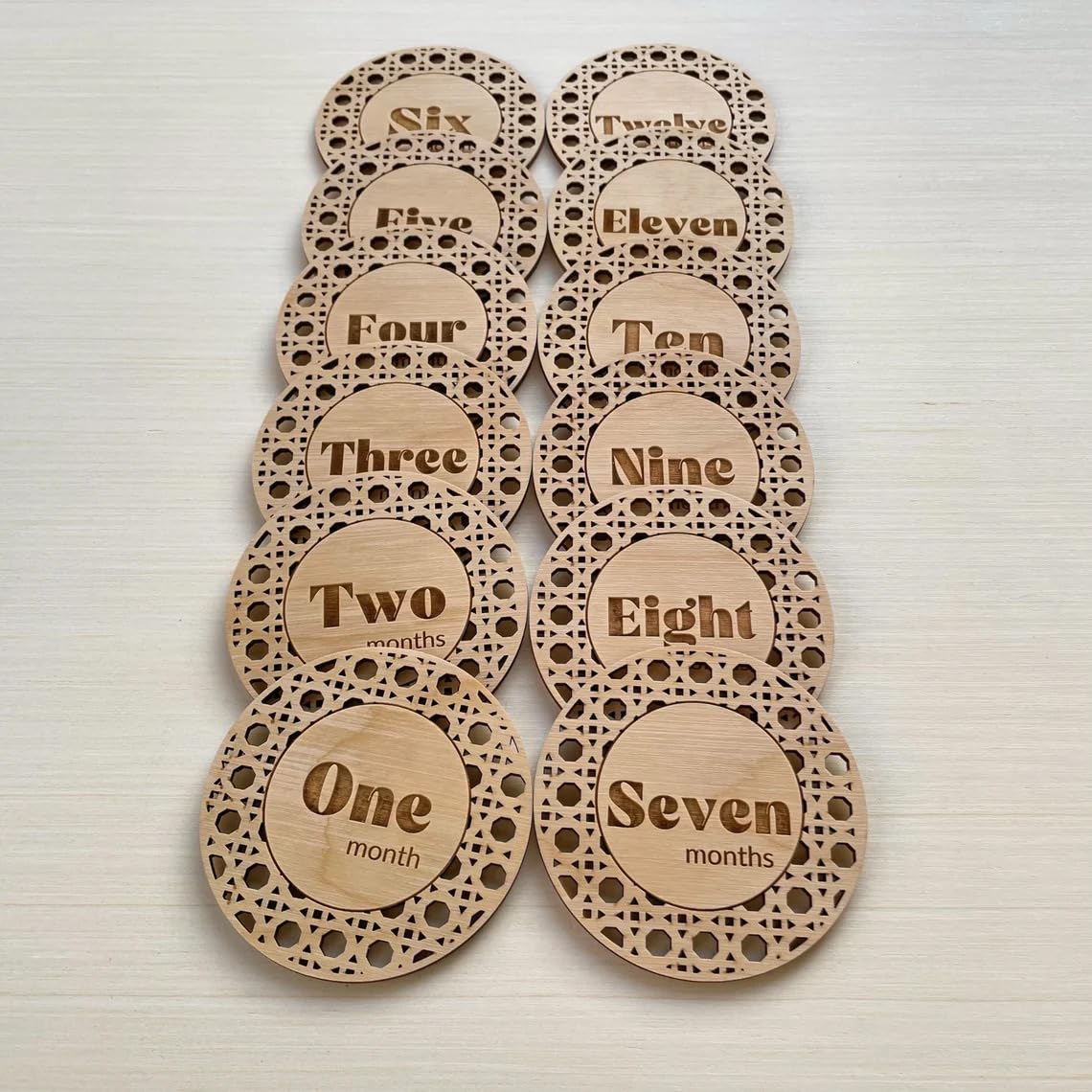 Pack of 14 Boho Baby Monthly Milestone Cards, Wooden Photo Props