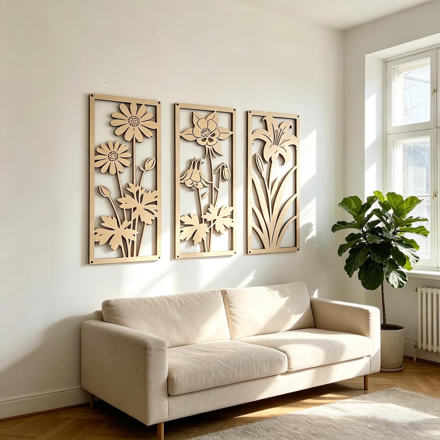 Set of 3 Wooden Floral Wall Art Panels | Minimalist Boho Flower Wall Decor