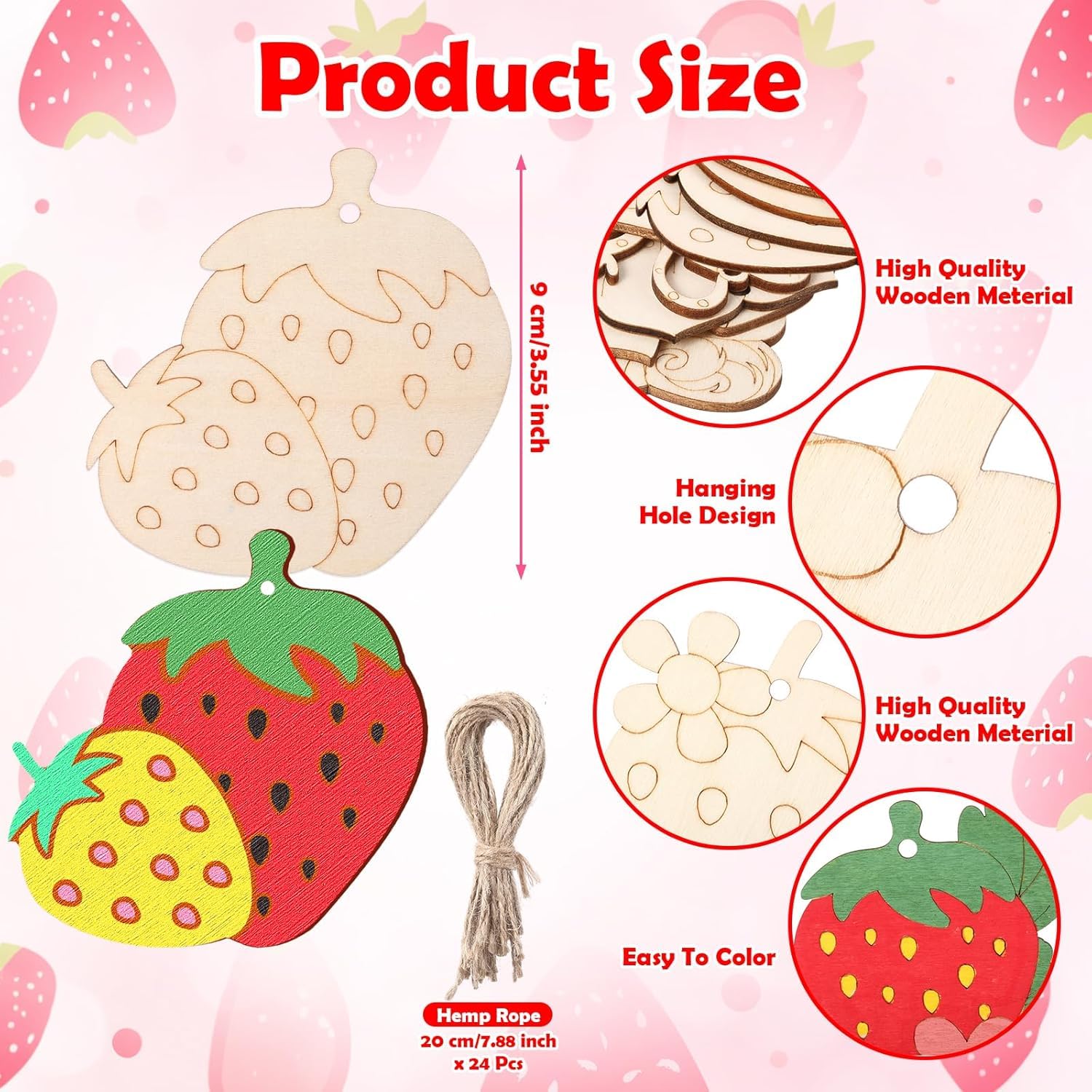 24 Set Strawberry Wooden Craft Kit | DIY Paint Your Own Fruit Kit with Twine | Unfinished Wooden Strawberry Ornaments