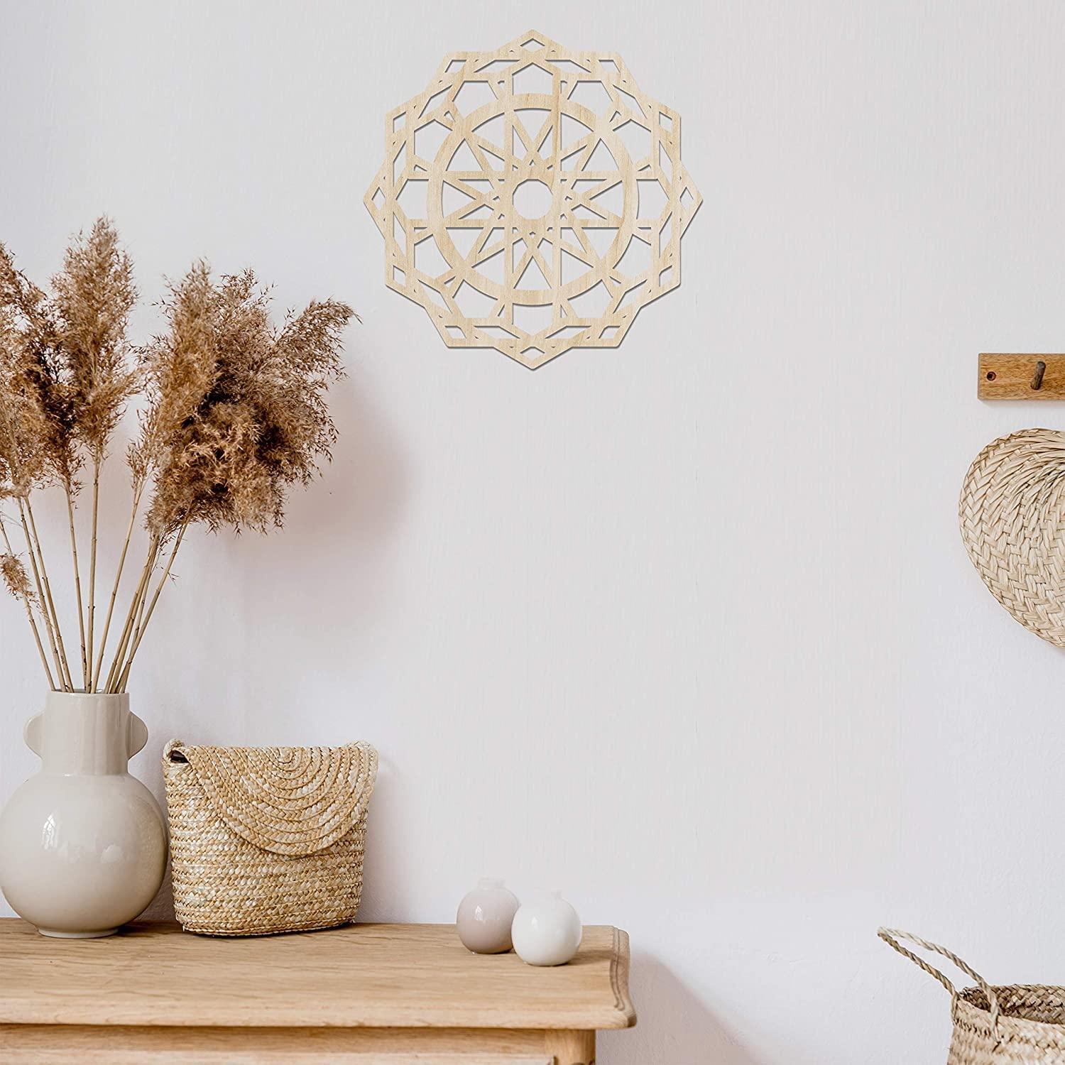 Haoser Mandala Wooden Wall Art, Traditional Star Ornament Polygonal Details, Birch Wood Plywood Rustic Wall Art Accent for Hallway Bedroom Living Room Cafes and Offices (Mandala Design-14_30CM) - Haoser