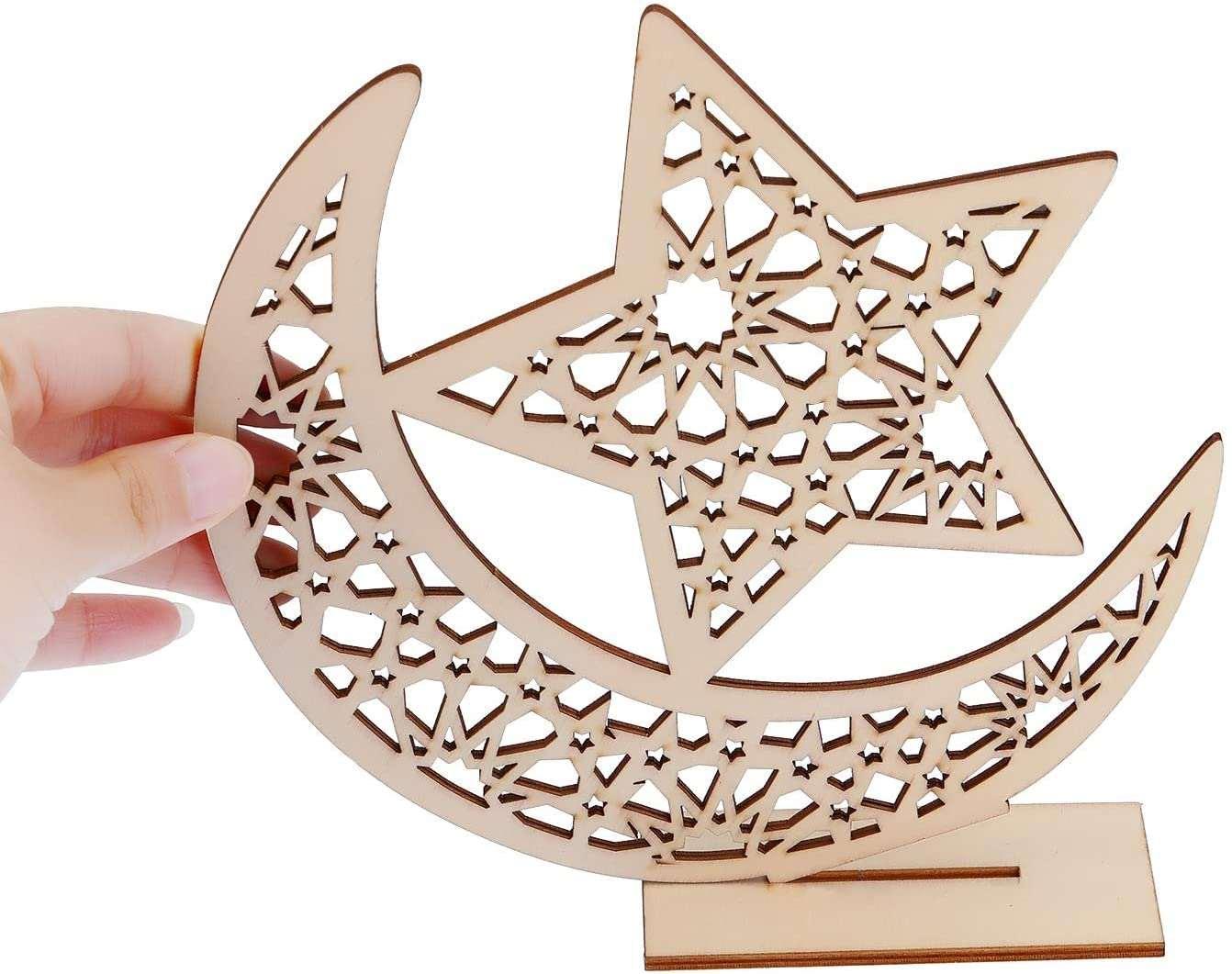 Set of 2 Ramadan Wooden Ornament Eid Hanging Plaque Ornaments Moon Hollow Star Ornament for Ramadan Eid Mubarak Party Home Room Table Art Craft Decoration. - Haoser