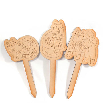 Set of 3 Cat Design MDF Wooden Plant Stake DIY Painting Kit
