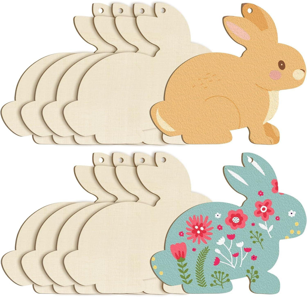 Curious Button 5 Pieces Unfinished Wooden 3Rabbit Style Hanging Ornament for DIY Home Decoration, MDF Cutouts, Perfect Wooden Cutouts for Home Decor, Charming Wooden Hanging Ornaments (6.3x7IN) - Haoser