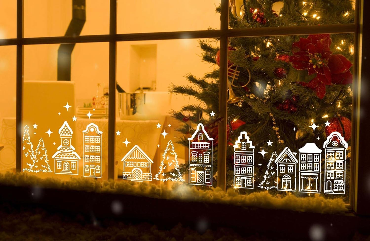 4 Pcs Christmas Window Stencils | Large Reusable Xmas Village House