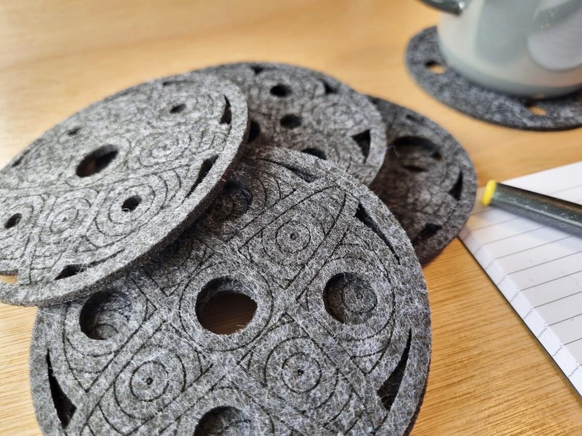 Set of 9 Geometric Felt Coasters – Gray | 4 Inch Round Laser-Cut Drink Coasters | Modern Table Decor & Surface Protection | Washable Felt Coaster Set