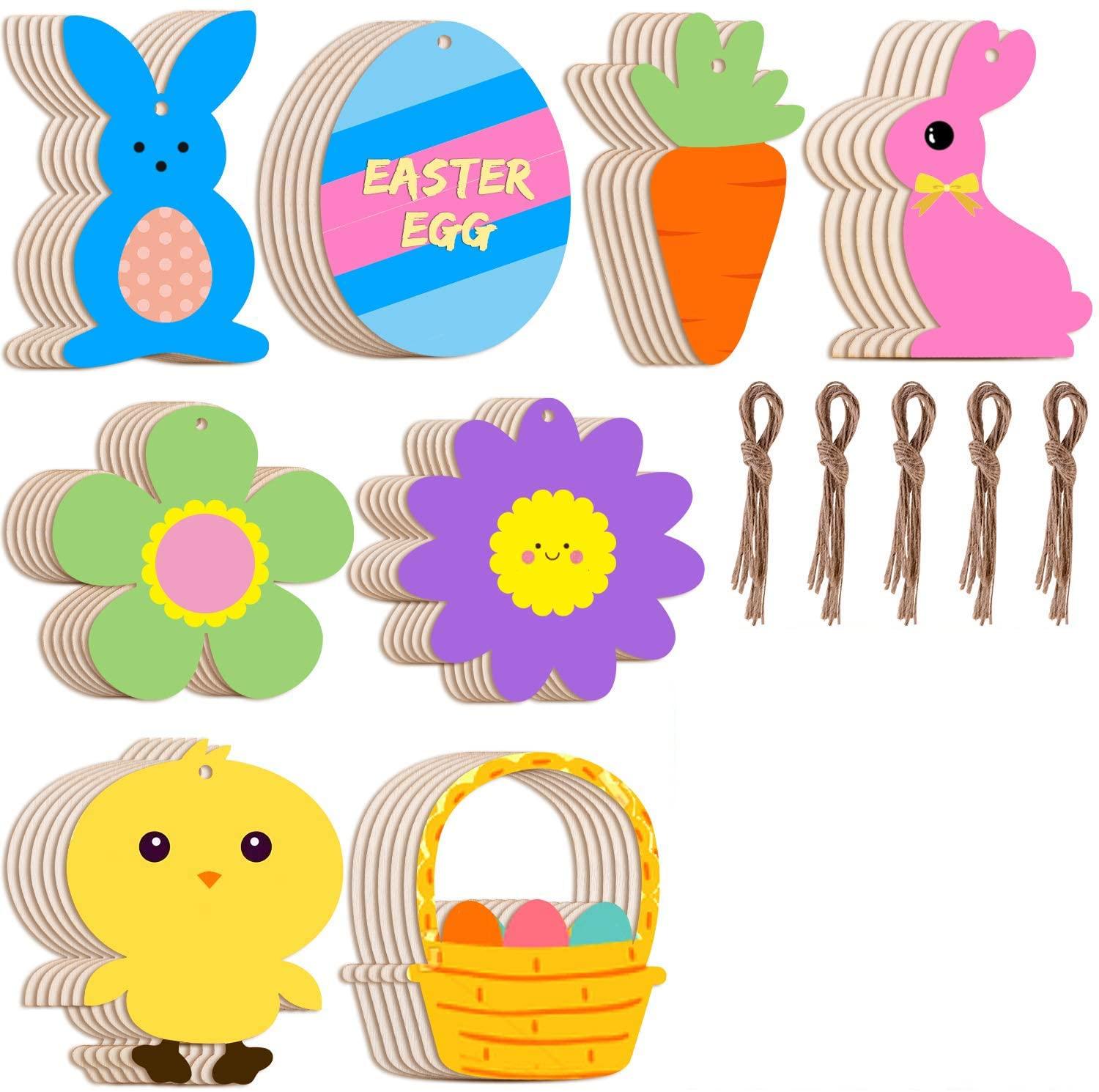 Haoser 24Pcs Easter Wood Cutouts Unfinished Wooden Hanging Ornaments Easter Crafts for Kids Includes Egg Bunny Basket Chick Carrot Flower - Haoser