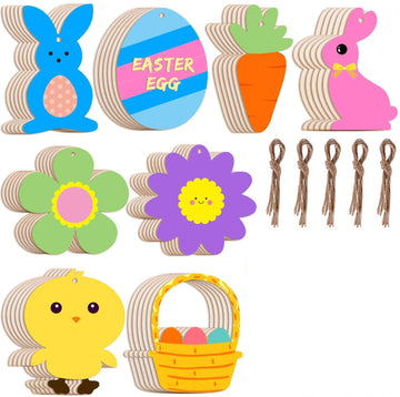 Haoser 24Pcs Easter Wood Cutouts Unfinished Wooden Hanging Ornaments Easter Crafts for Kids Includes Egg Bunny Basket Chick Carrot Flower - Haoser