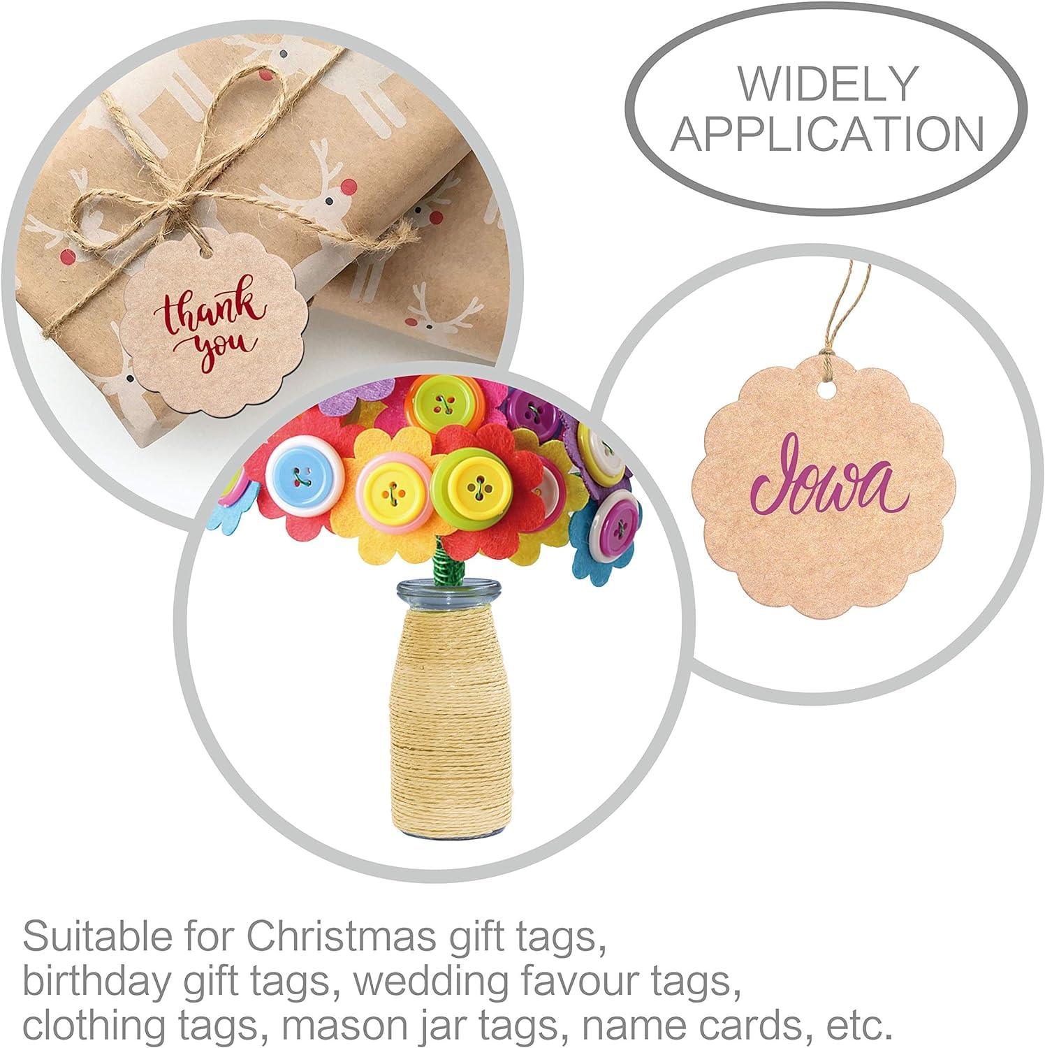 Haoser 50 PCS Kraft Scalloped Paper Gift Tags with Natural Jute Twine String for Arts Crafts Packaging (Label Measures 2.4? in Diameter) Tags for Craft - Haoser