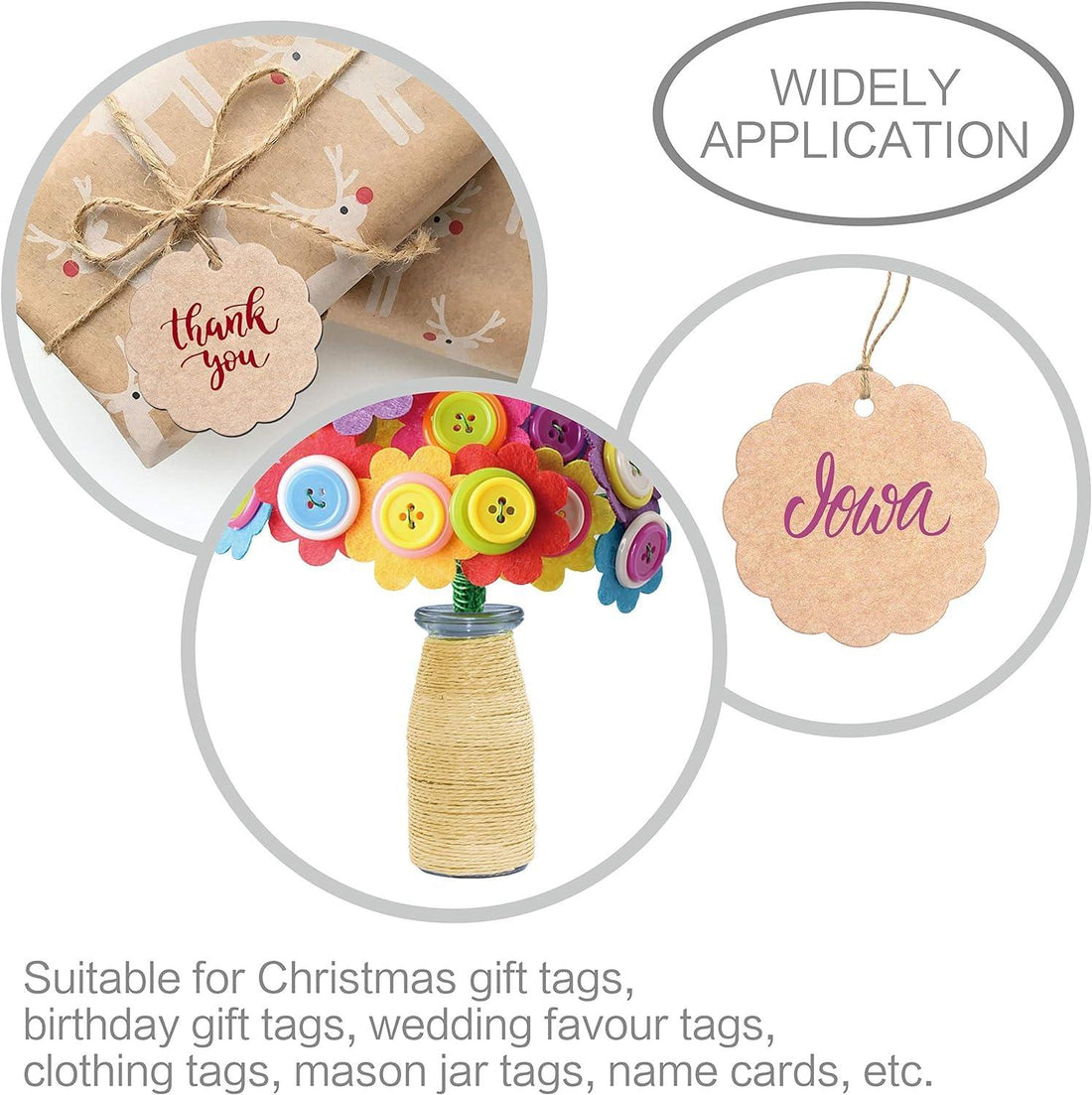 Haoser 50 PCS Kraft Scalloped Paper Gift Tags with Natural Jute Twine String for Arts Crafts Packaging (Label Measures 2.4? in Diameter) Tags for Craft - Haoser