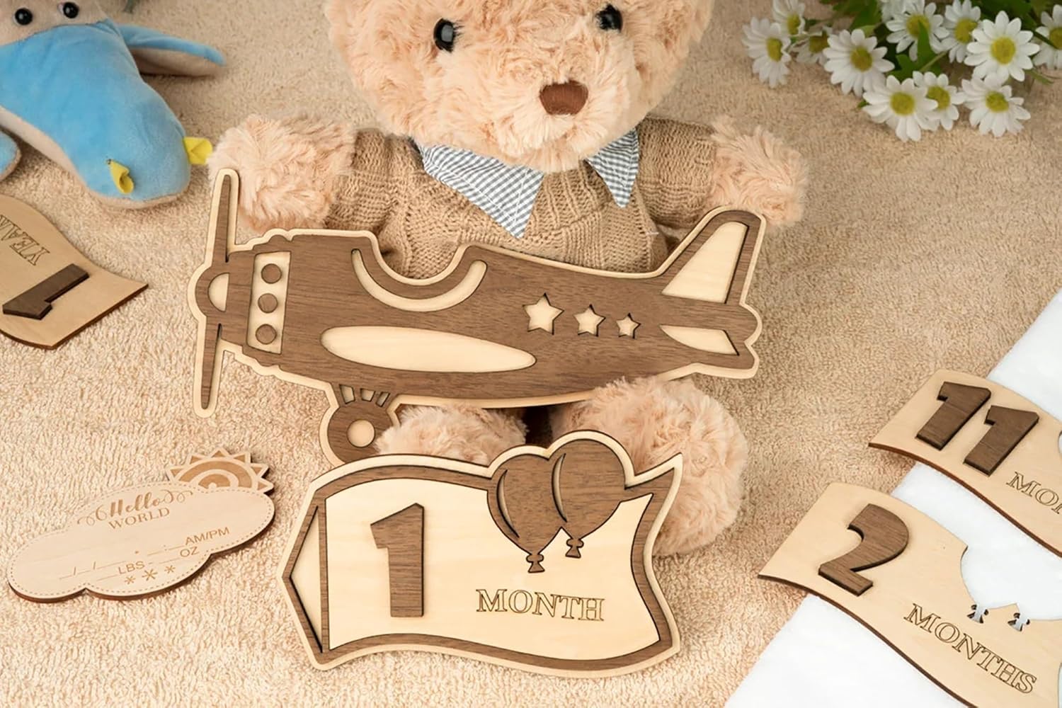 Baby Monthly Milestone Airplane Set – Wooden Milestone Cards